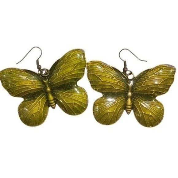 Butterflies Large Statement Moss Green Glitter Enamel Butterfly Pierce Earrings - Picture 1 of 7